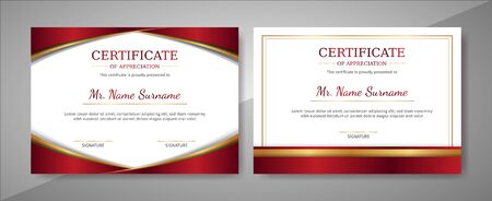 Red and gold certificate of appreciation border vector template with luxury badge and modern line pattern. For award, business, and education needsのイラスト素材
