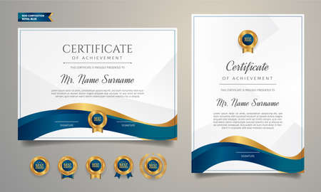 Blue and gold certificate of achievement border template with badgesのイラスト素材