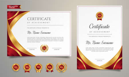 Premium diploma certificate of achievement template with gold and red badgesのイラスト素材
