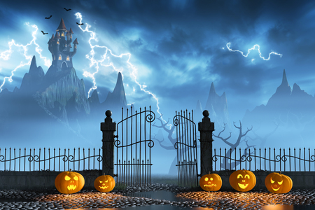 Jack O'Lanterns guarding an open gate leading to a spooky castle high up in the mountains.の写真素材