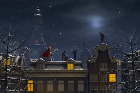 Sinterklaas and the Pieten on the rooftops at night, a scene for the traditional Dutch holiday 'Sinterklaas', 3d render.の写真素材