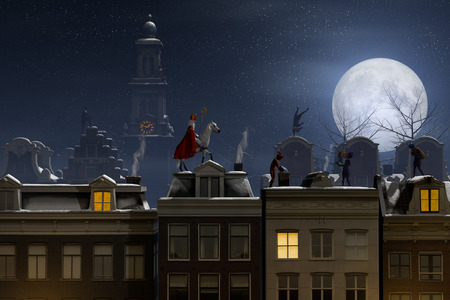 Sinterklaas and the Pieten on the rooftops at night, a scene for the traditional Dutch holiday 'Sinterklaas', 3d render.の写真素材