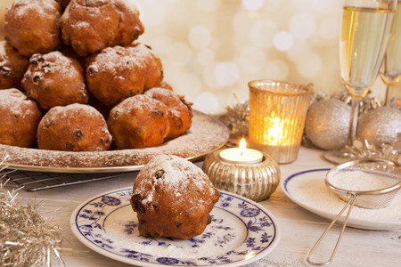 Champagne and 'Oliebollen', traditional Dutch pastry for New Year's Eve.の写真素材