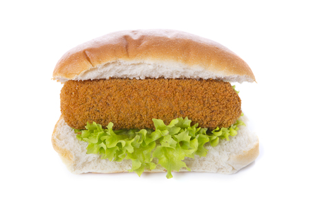 Sandwich with Dutch meat croquette ('broodje kroket'), isolated on whiteの写真素材