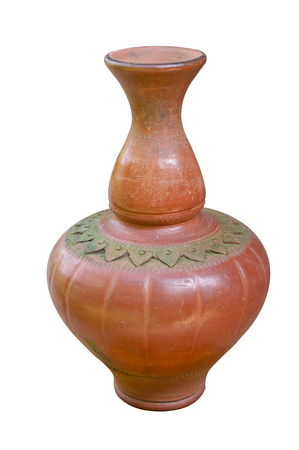 Thai Earthenware, ancient jug isolated from white background.の写真素材