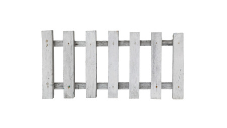 Old white picket fence isolated on white background.の写真素材