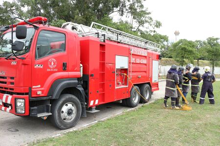 Rayong Thailand , December 06 - 2016 : Thai Red Fire truck for fire protection urgent in the city at...