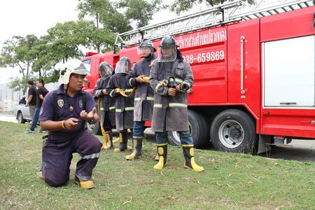 Rayong Thailand , December 06 - 2016 : Thai Red Fire truck for fire protection urgent in the city at...