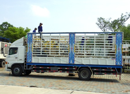 Rayong Thailand , January 26 - 2018 : Truck and lift in factory carry steel waste for eliminate and recycle.のeditorial素材