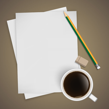 a blank stack of a4 paper, a pencil and a coffee cupのイラスト素材