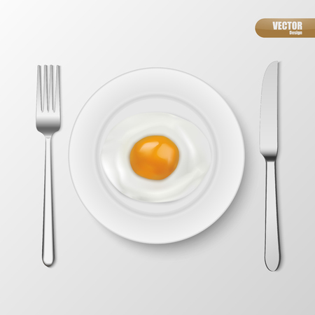 fried egg in white plate with fork and knifeのイラスト素材