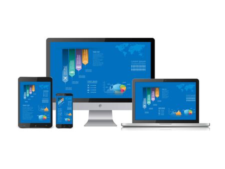 Computer statistics vector with laptop, tablet and smartphoneのイラスト素材