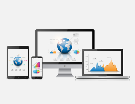 Computer statistics vector with laptop, tablet and smartphoneのイラスト素材