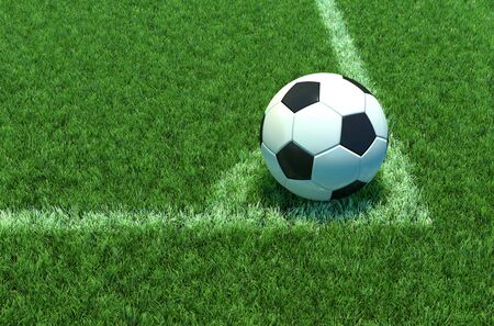 Soccer ball on green grass, Corner of soccer field .3D illustrationの写真素材