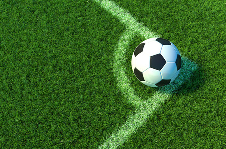 Soccer ball on green grass, Corner of soccer field .3D illustrationの写真素材