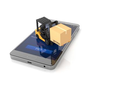 Online shopping concept, Smartphone with Forklift .3D Illustrationの写真素材