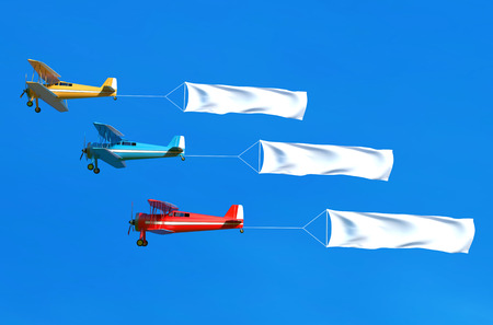 Flying airplane and banner on blue sky. 3D illustrationの写真素材