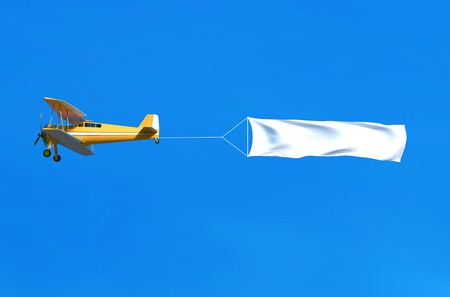 Flying airplane and banner on blue sky. 3D illustrationの写真素材