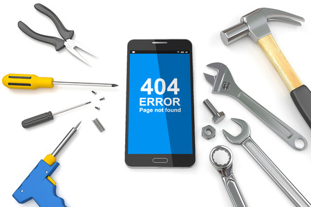 404 error page, Page 404 error on Smartphone with tools. 3D illustration