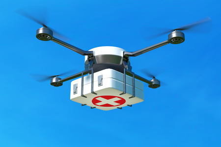 Drone with first aid kit on blue sky, Emergency medical care concept. 3D illustrationの写真素材
