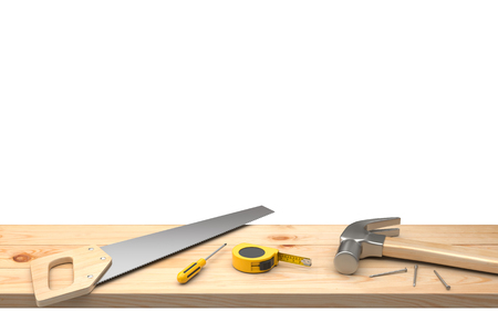 Hammer, nails, saw, screwdriver and neasuring Tape on wood table. 3D illustrationの写真素材