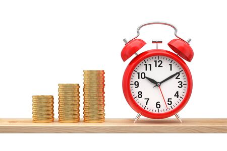 Stacks of coins and clock isolated on white,Time is money concept. 3D illustrationの写真素材