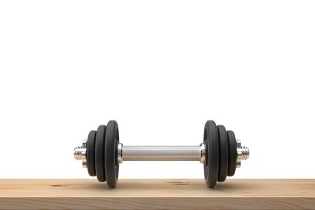 dumbbell on wood table. 3D illustrationの写真素材