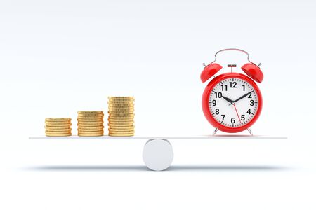 Money and Time balance concept, Stacks of coins and clock on scale board. 3D illustration