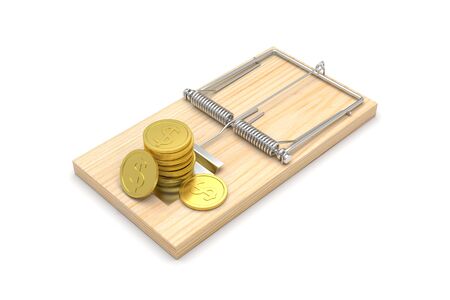 Mousetrap with Coins, isolated on white. 3D illustrationの写真素材