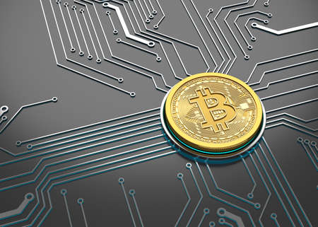 Bitcoin Concept, Golden Coin on a circuit board. 3D illustration