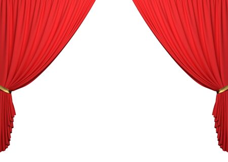Open red curtains on white background with clipping path. 3D illustrationの写真素材