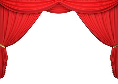 Open red curtains on white background with clipping path. 3D illustrationの写真素材