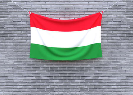 Hungary flag hanging on brick wall. 3D illustrationの写真素材