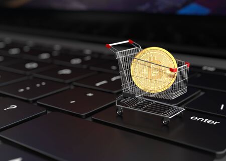 Shopping cart and golden coin on computer keyboard, Bitcoin Concept. 3D illustrationの写真素材