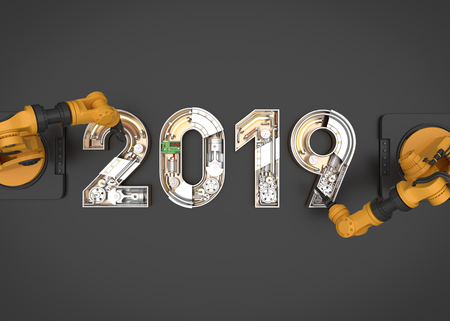 New year 2019 made from mechanical alphabet with robotic arm. 3D illustration