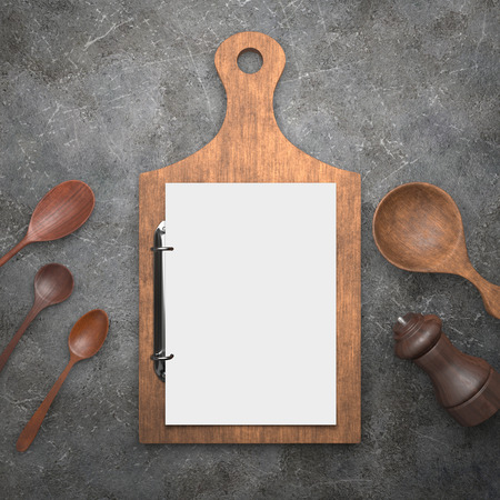 Blank paper for menu on cutting boardの写真素材