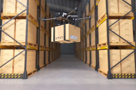Delivery drone in warehouse. 3D illustrationの写真素材