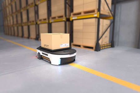 Autonomous Robot transportation in warehouses, Warehouse automation concept. 3D illustrationの写真素材