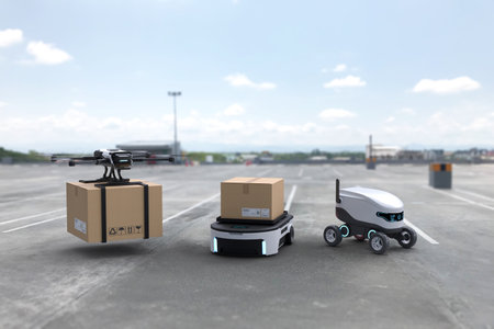Autonomous delivery robot, Self-driving robot, Delivery drone, Business air transportation concept....
