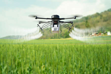 Drone spraying pesticide on wheat field. 3D illustrationの写真素材