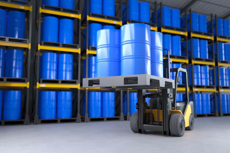 The forklift is lifting an oil tank in a warehouse. 3D illustration