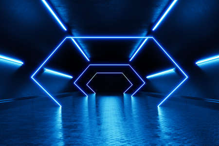 Empty dark room, Modern Futuristic Sci-Fi Background.の写真素材
