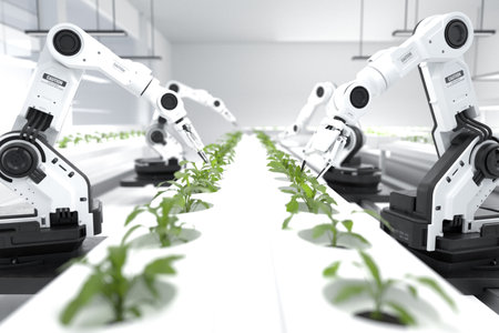 Smart robotic farmers concept, robot farmers, Agriculture technology, Farm automation. 3D illustrationの写真素材
