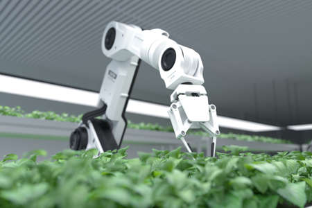 Smart robotic farmers concept, robot farmers, Agriculture technology, Farm automation. 3D illustrationの写真素材