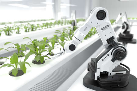 Smart robotic farmers concept, robot farmers, Agriculture technology, Farm automation. 3D illustrationの写真素材