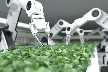 Smart robotic farmers concept, robot farmers, Agriculture technology, Farm automation. 3D illustrationの写真素材