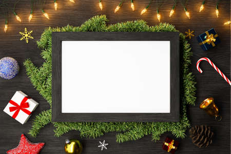 Christmas background and decor with empty photo frame. 3d illustrationの写真素材