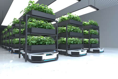 Automatic transport robot transporting plants, Smart robotic farmers concept. 3D illustrationの写真素材