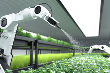Smart robotic farmer spraying fertilizer on vegetable green plants, Agriculture technology, Farm automation. 3D illustrationの写真素材