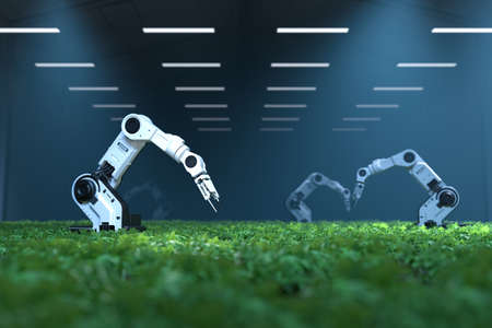 Smart robotic farmers concept, robot farmers, Agriculture technology, Farm automation. 3D illustrationの写真素材